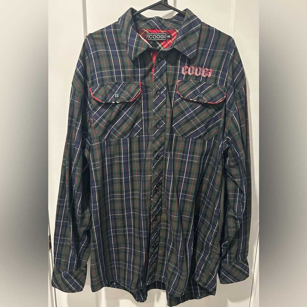 Coogi XXL Plaid Button Down Shirt Patches Military Embroidered Utility Y2K 90s